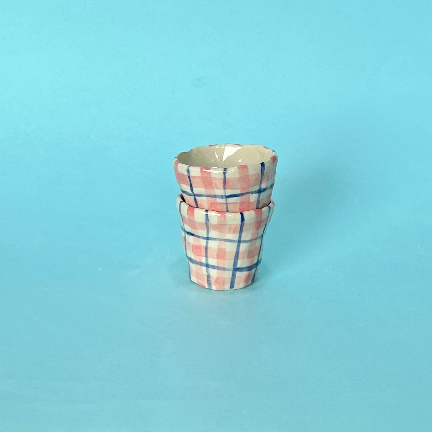 Pink and Navy Gingham Espresso Cups