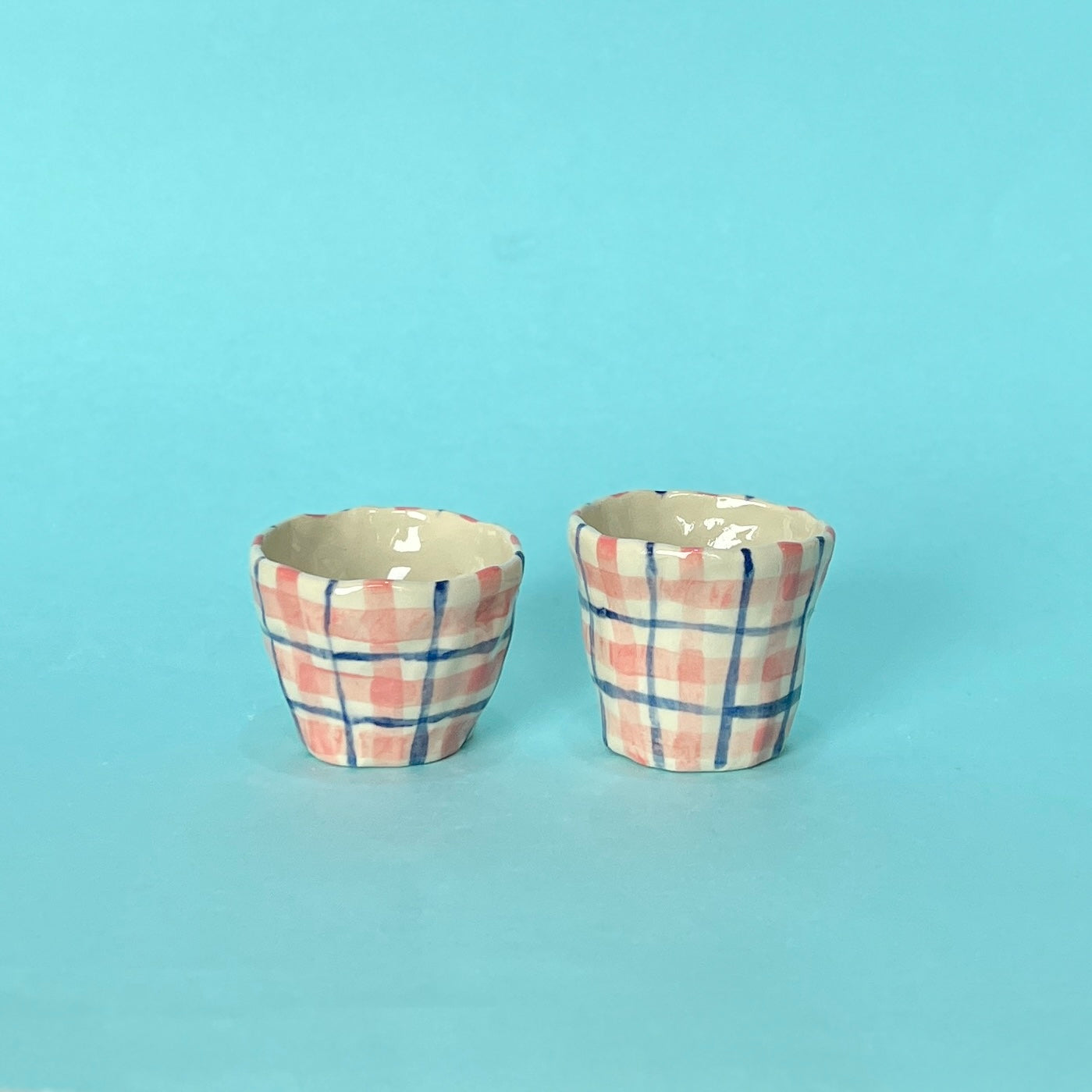 Pink and Navy Gingham Espresso Cups