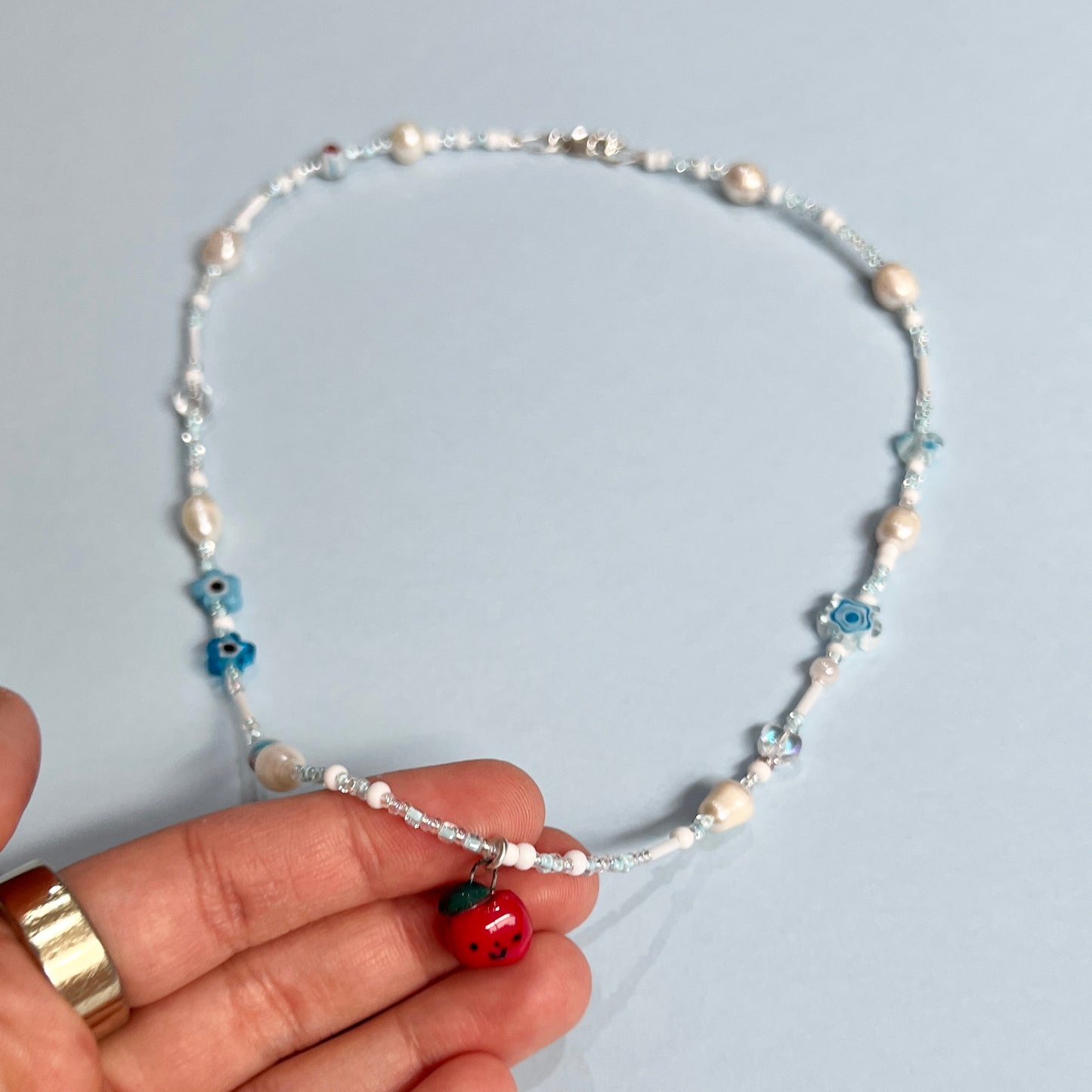 Apple and Blue Flower Necklace