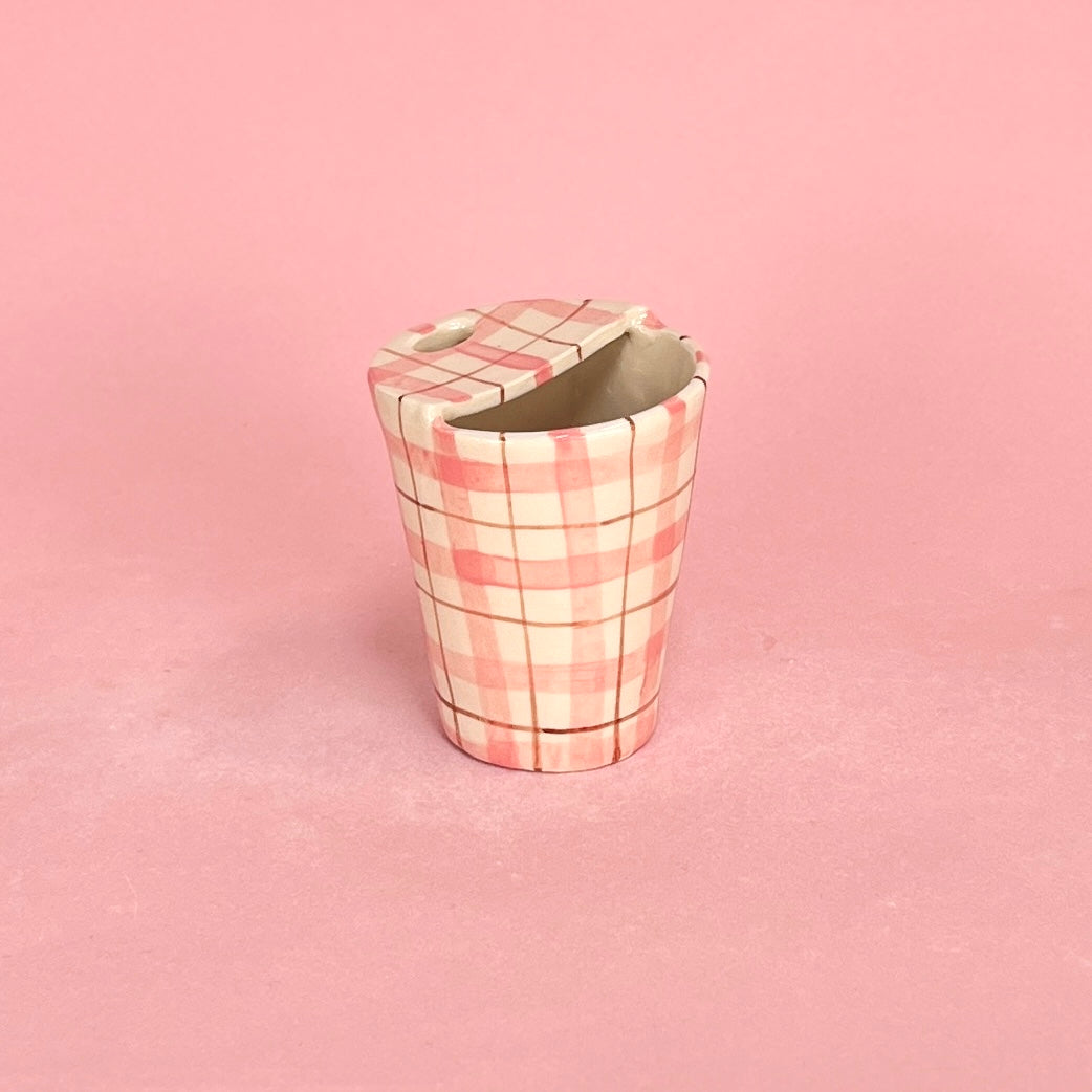 Pink and Brown Gingham Travel Mug