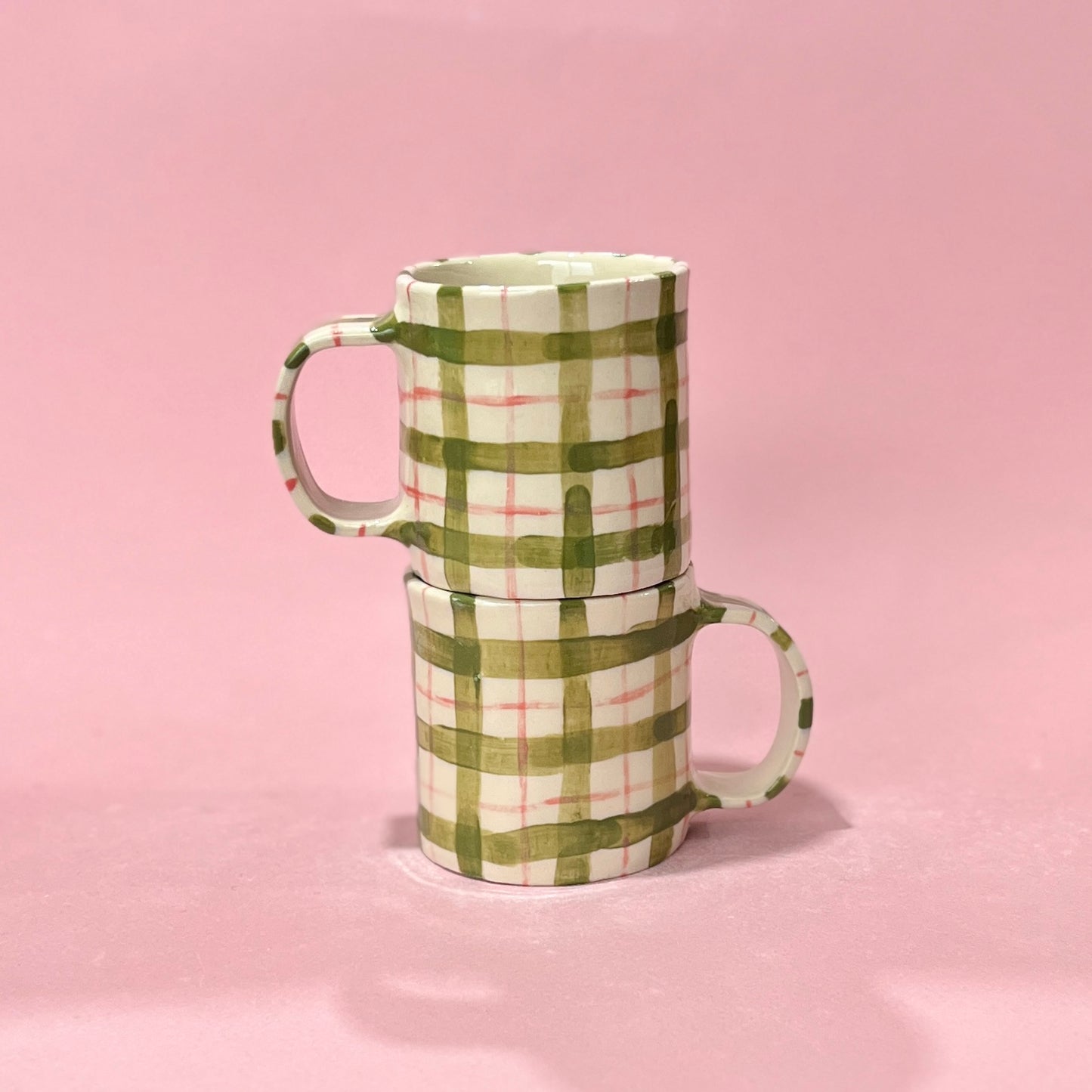 Green and Pink Gingham Mugs