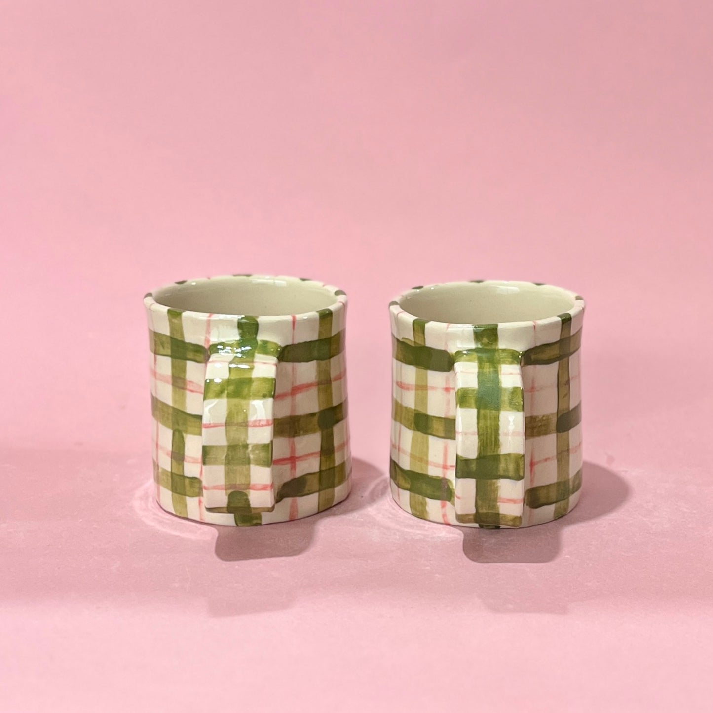 Green and Pink Gingham Mugs