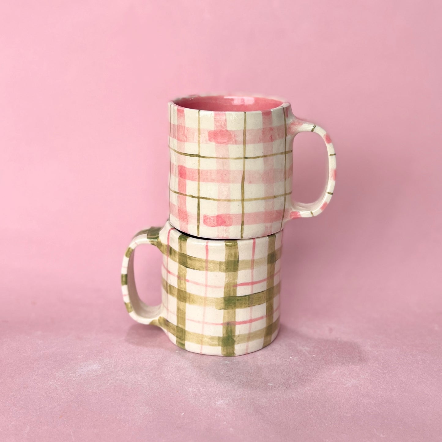 Pink and Green Gingham Short Mugs