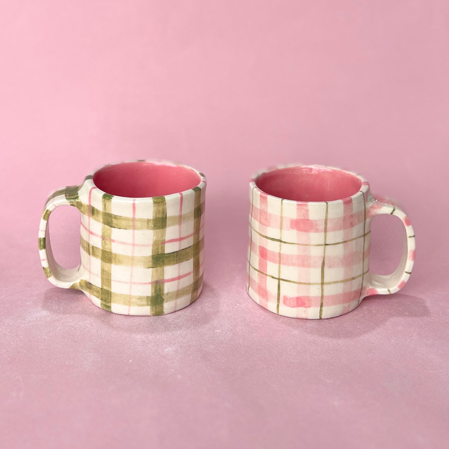 Pink and Green Gingham Short Mugs