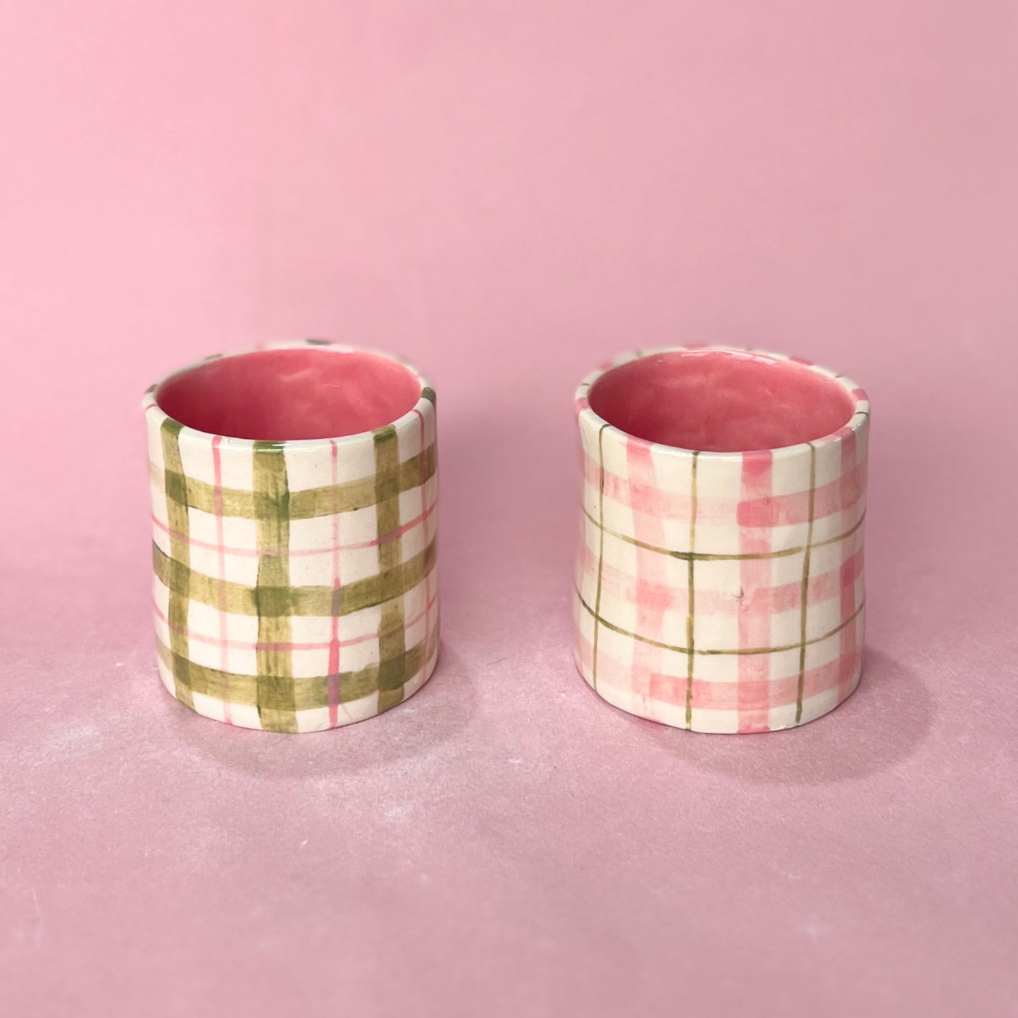 Pink and Green Gingham Short Mugs