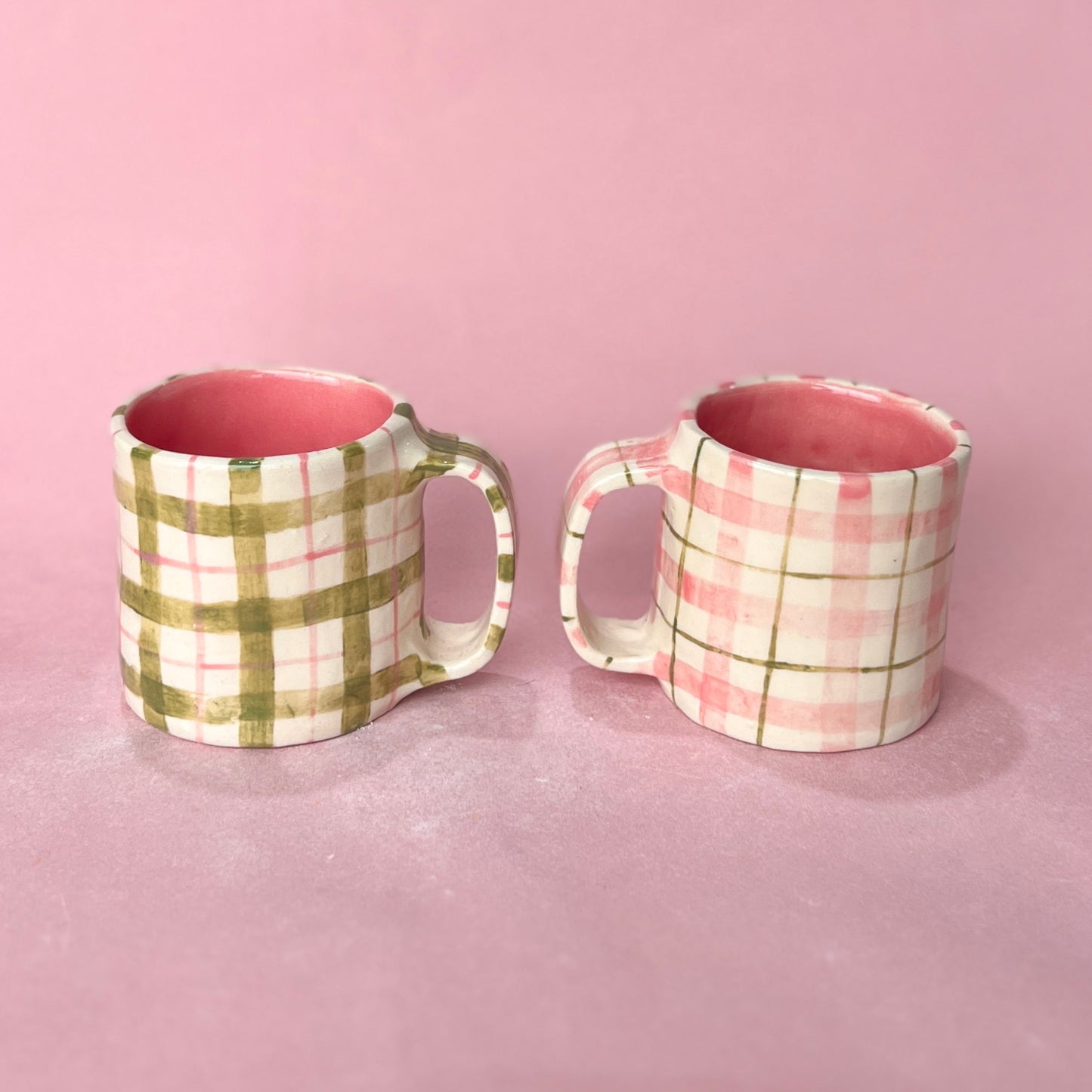 Pink and Green Gingham Short Mugs