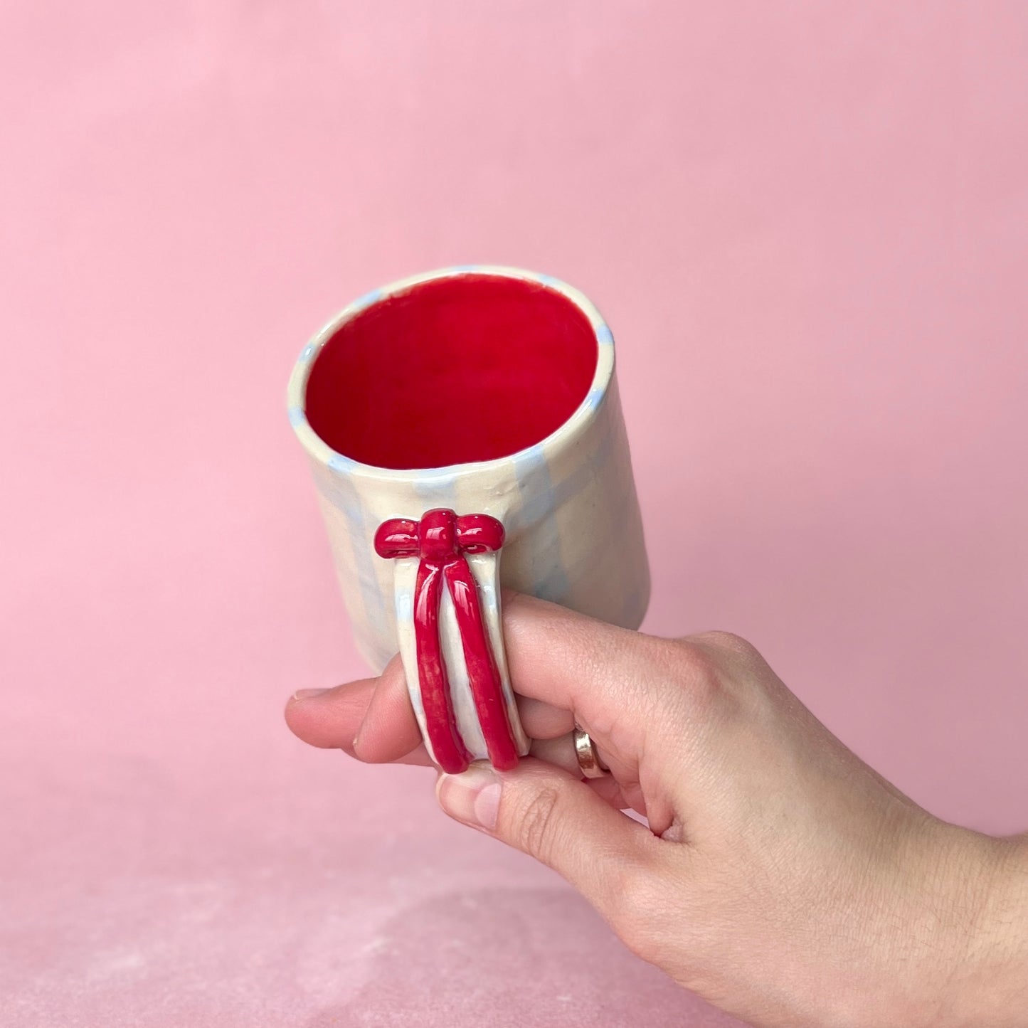 Red Ribbons and Blue Gingham Mugs