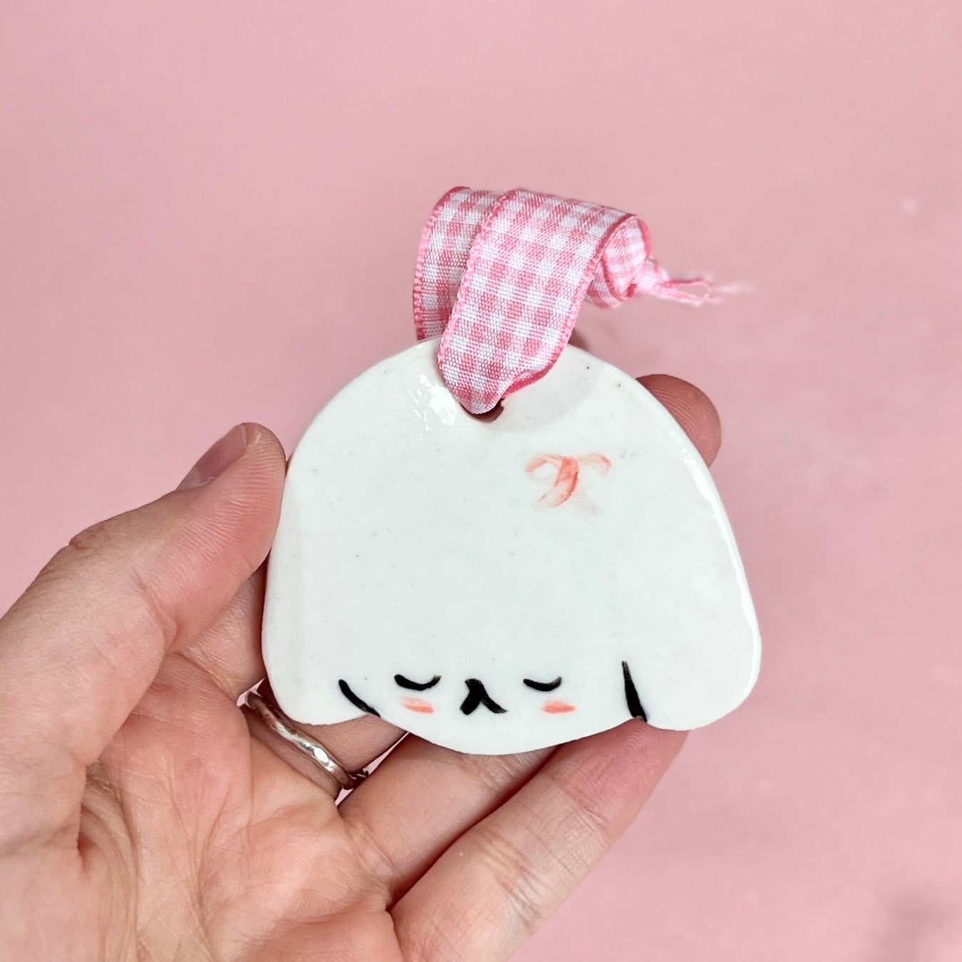 Puppy Ornament Pink Gingham Ribbon