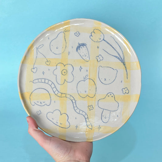 Yellow Gingham Scribble Large Plate