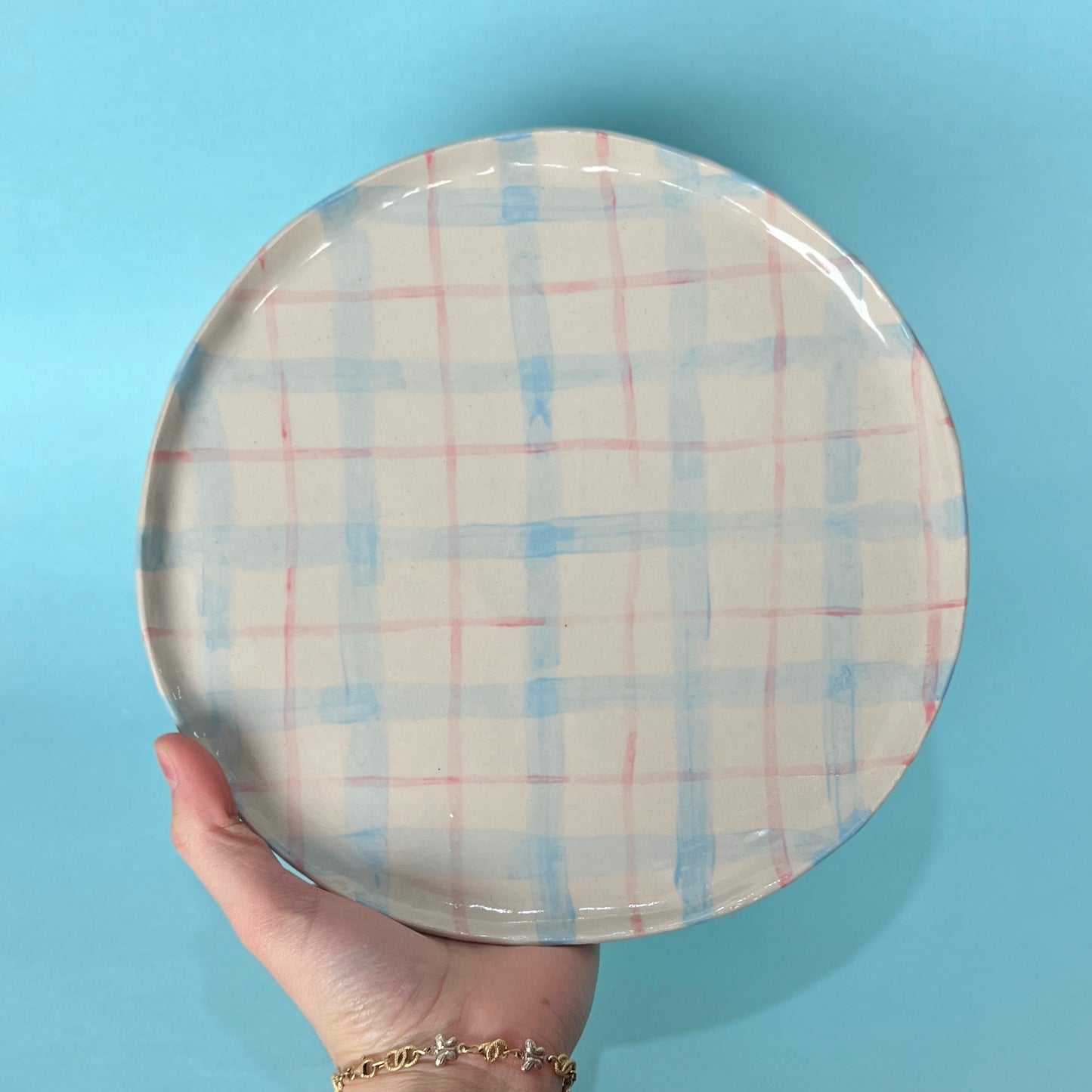 Pink and Blue Gingham Large Plate