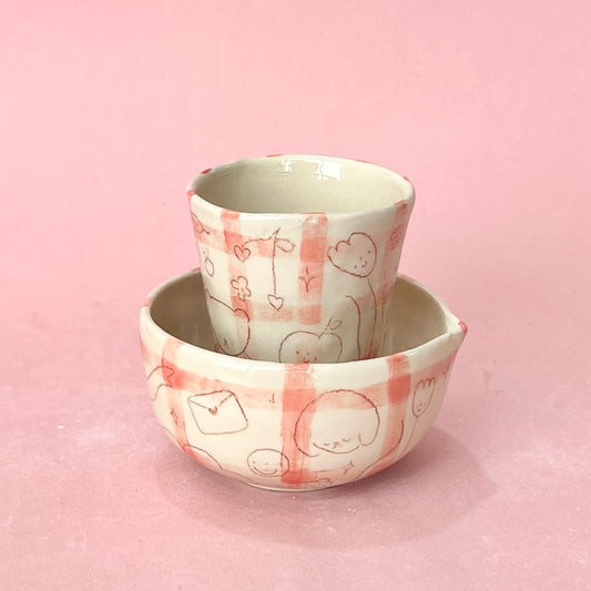 Pink Gingham with Scribbles Matcha Set