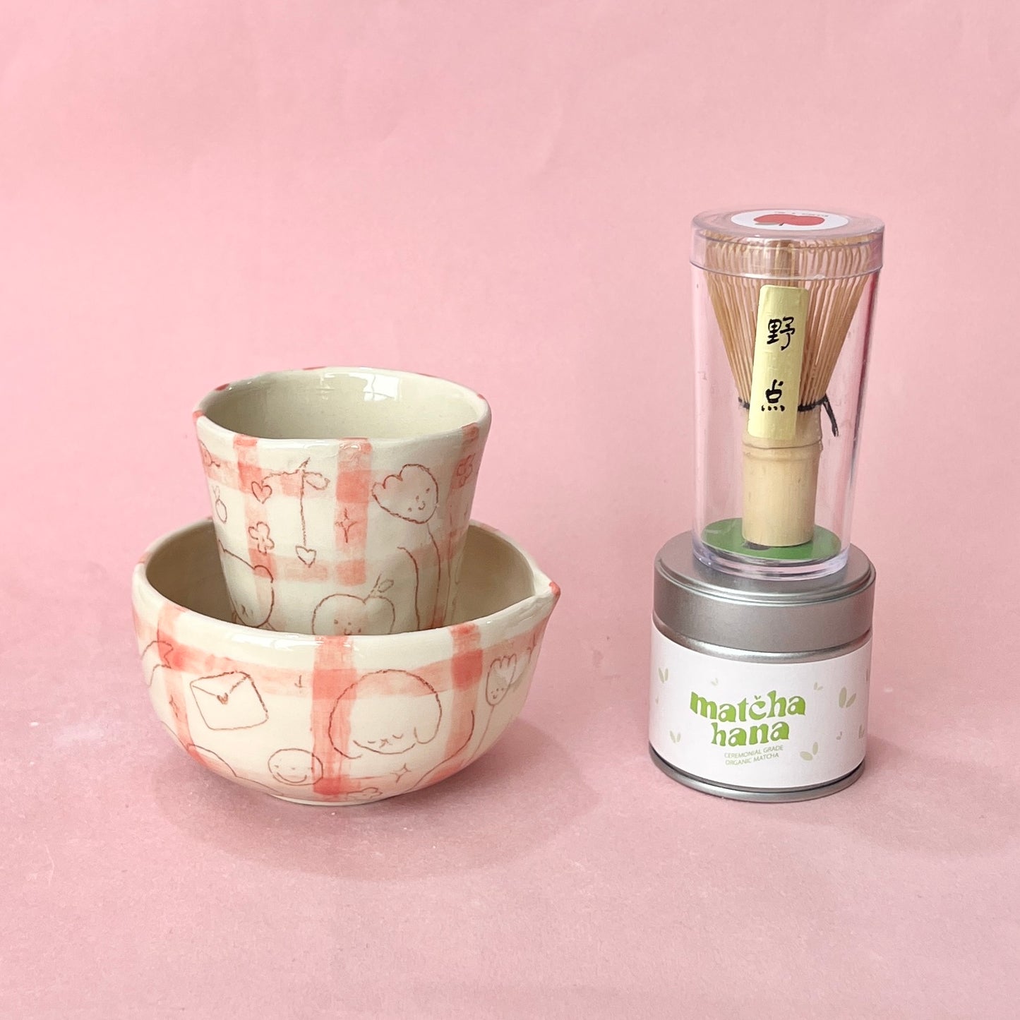 Pink Gingham with Scribbles Matcha Set