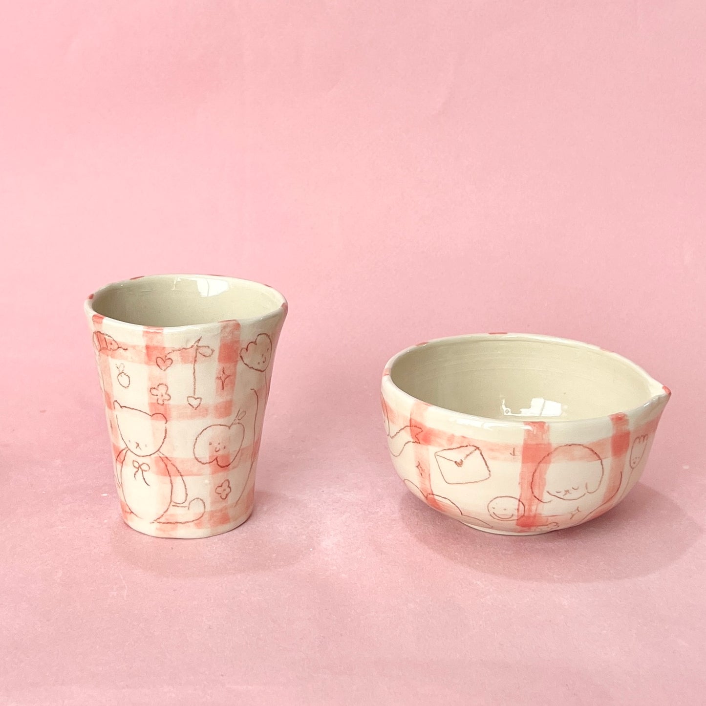 Pink Gingham with Scribbles Matcha Set