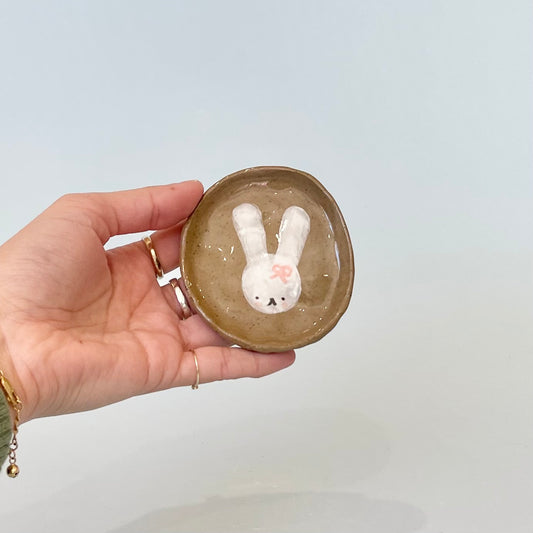 Bunny with Bow Brown Speckle Trinket Dish