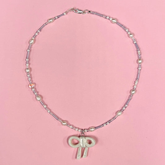 Pale Blue Bow Necklace