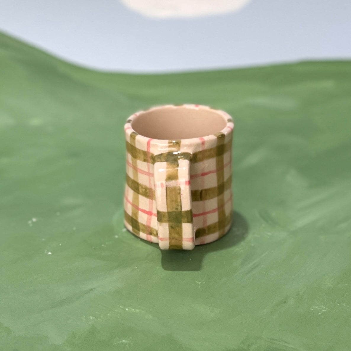 Green and Pink Gingham Short Mug